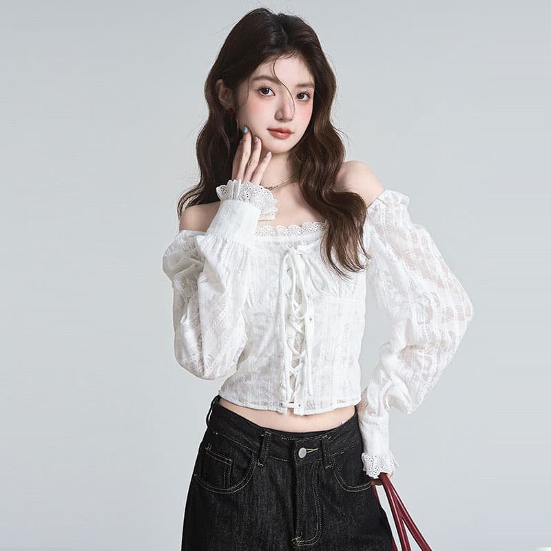 포함 면 원단 지퍼 명중 가져 가라. 프랑스식 분위기 센스 광장 칼라 자카드 십자가 레이스업 쇼트 스타일 거품 소매 맨위 이미지 5