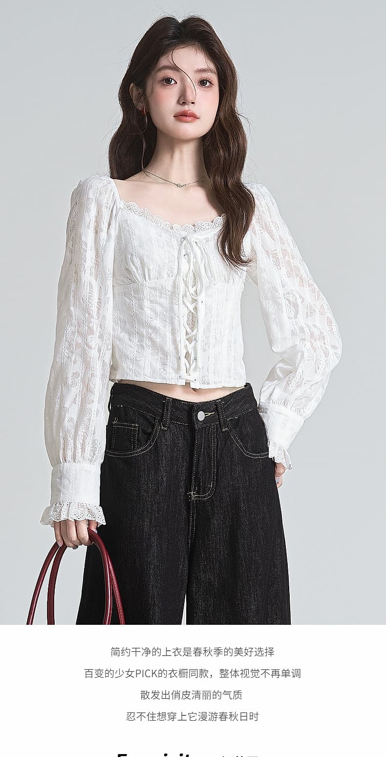 포함 면 원단 지퍼 명중 가져 가라. 프랑스식 분위기 센스 광장 칼라 자카드 십자가 레이스업 쇼트 스타일 거품 소매 맨위 상세 이미지 2