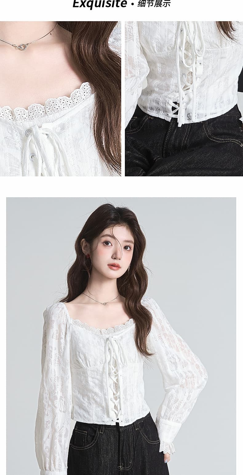 포함 면 원단 지퍼 명중 가져 가라. 프랑스식 분위기 센스 광장 칼라 자카드 십자가 레이스업 쇼트 스타일 거품 소매 맨위 상세 이미지 3