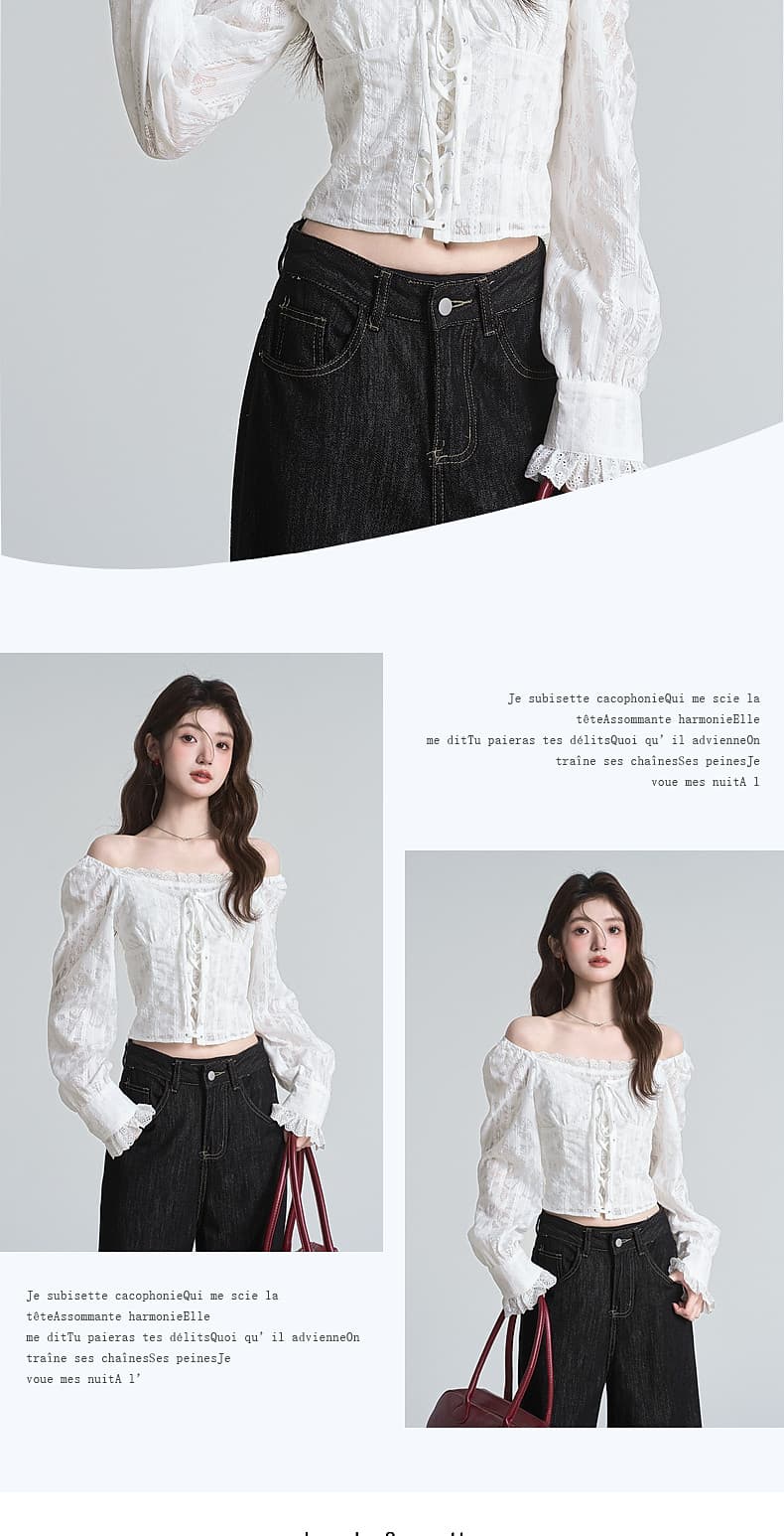 포함 면 원단 지퍼 명중 가져 가라. 프랑스식 분위기 센스 광장 칼라 자카드 십자가 레이스업 쇼트 스타일 거품 소매 맨위 상세 이미지 7