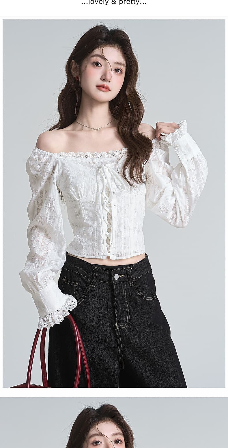 포함 면 원단 지퍼 명중 가져 가라. 프랑스식 분위기 센스 광장 칼라 자카드 십자가 레이스업 쇼트 스타일 거품 소매 맨위 상세 이미지 8