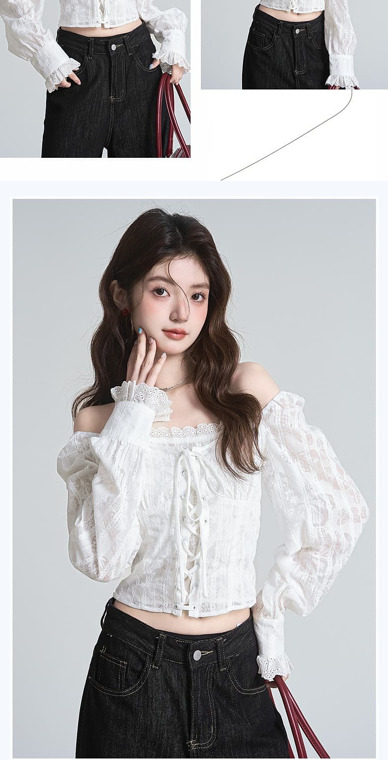 포함 면 원단 지퍼 명중 가져 가라. 프랑스식 분위기 센스 광장 칼라 자카드 십자가 레이스업 쇼트 스타일 거품 소매 맨위 상세 이미지 10
