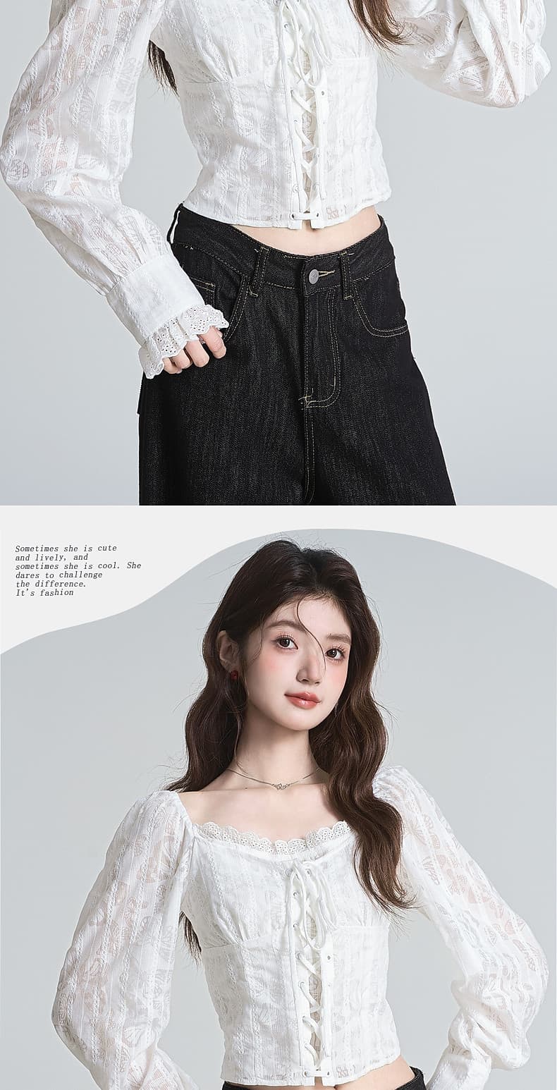 포함 면 원단 지퍼 명중 가져 가라. 프랑스식 분위기 센스 광장 칼라 자카드 십자가 레이스업 쇼트 스타일 거품 소매 맨위 상세 이미지 13
