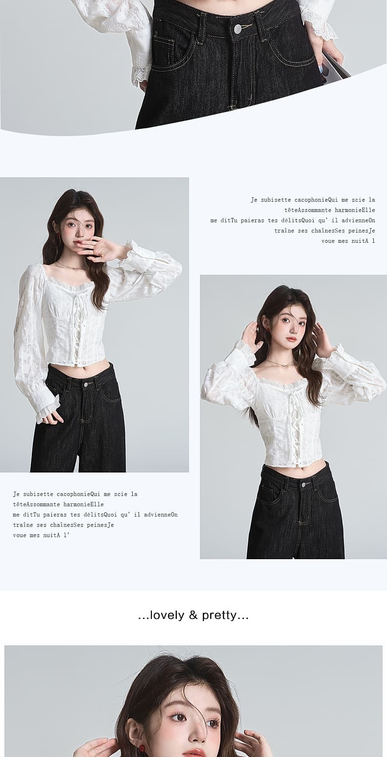포함 면 원단 지퍼 명중 가져 가라. 프랑스식 분위기 센스 광장 칼라 자카드 십자가 레이스업 쇼트 스타일 거품 소매 맨위 상세 이미지 14