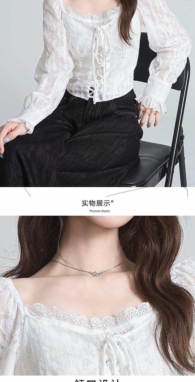 포함 면 원단 지퍼 명중 가져 가라. 프랑스식 분위기 센스 광장 칼라 자카드 십자가 레이스업 쇼트 스타일 거품 소매 맨위 상세 이미지 16