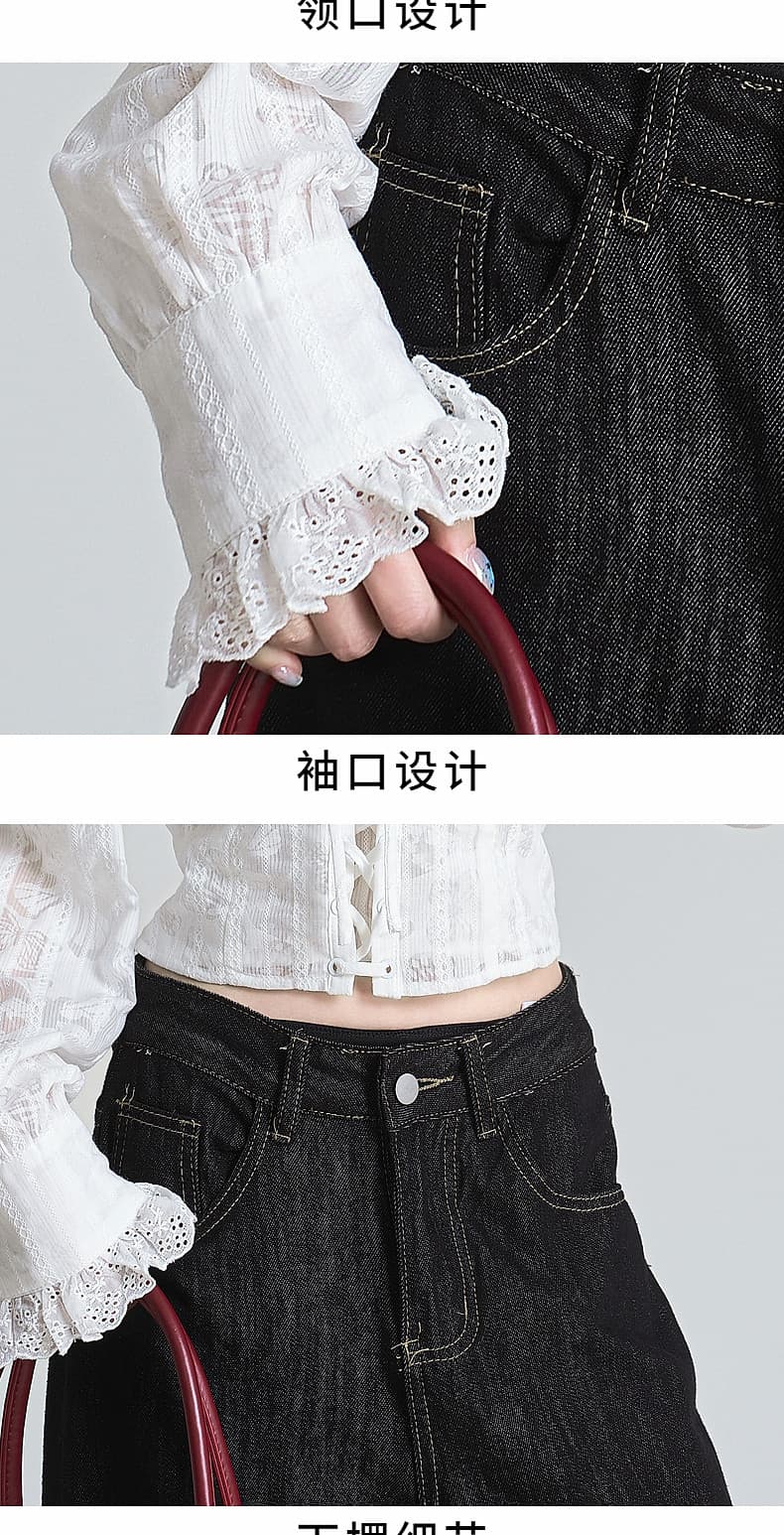 포함 면 원단 지퍼 명중 가져 가라. 프랑스식 분위기 센스 광장 칼라 자카드 십자가 레이스업 쇼트 스타일 거품 소매 맨위 상세 이미지 17