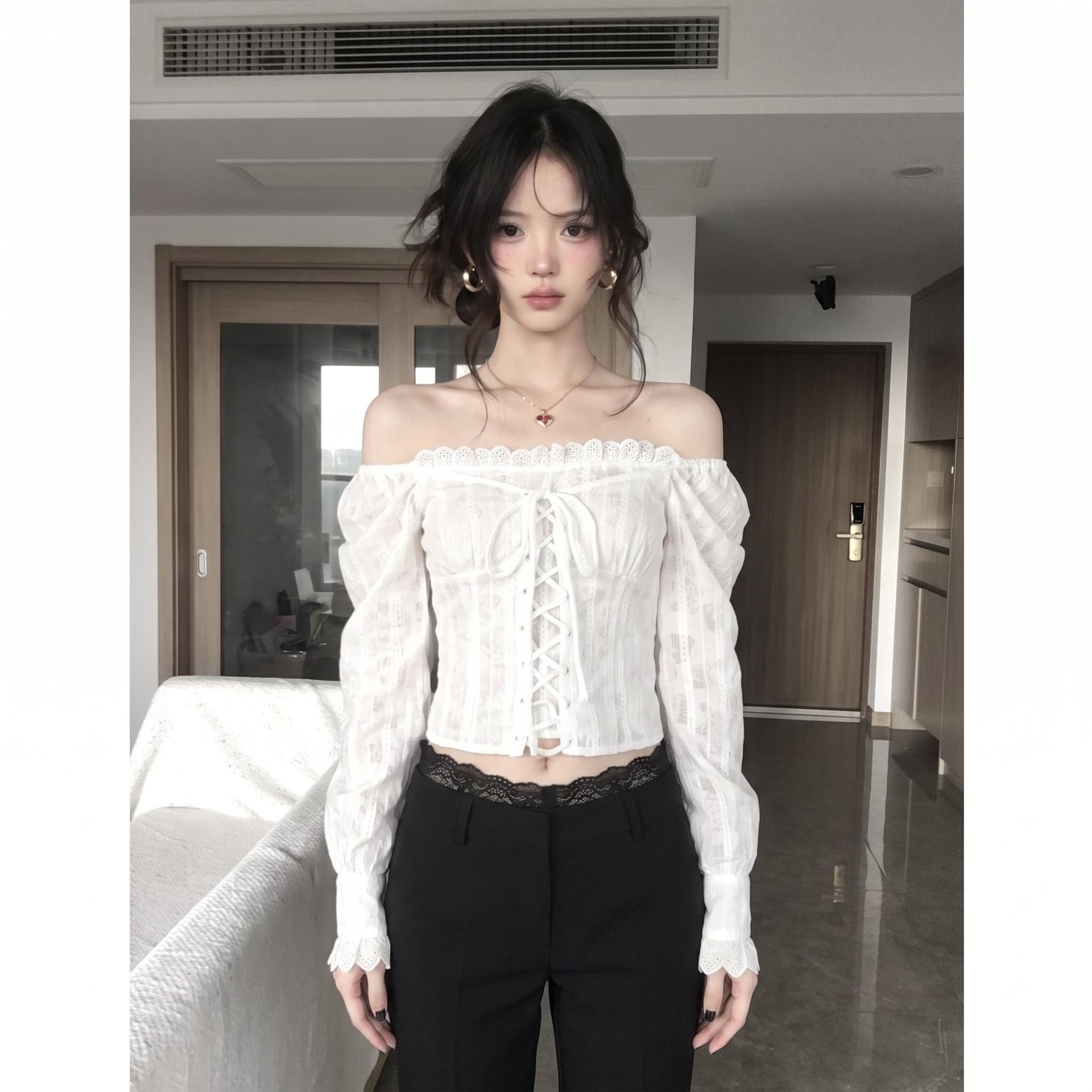포함 면 원단 지퍼 명중 가져 가라. 작은 대중 디자인 광장 칼라 자카드 원단 연꽃 잎 커프스 스트랩 쇼트 스타일 맨위 상세 이미지 2