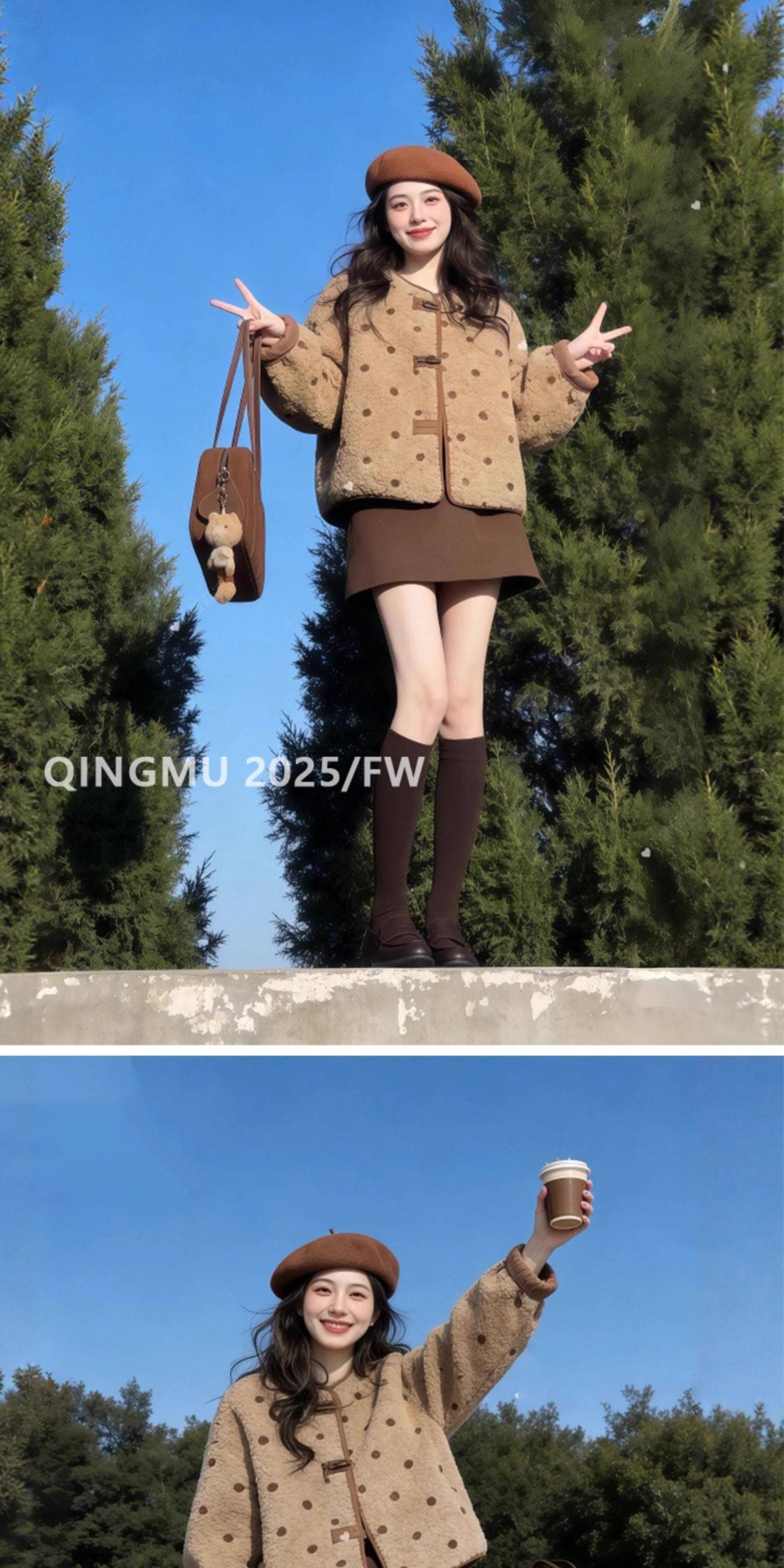 500 그램 양털 플리스 복합 스웨이드 수건 자수 법 하나 레트로 두꺼운 스타일 소뿔 버클 여성 코트 가을 겨울 상세 이미지 2