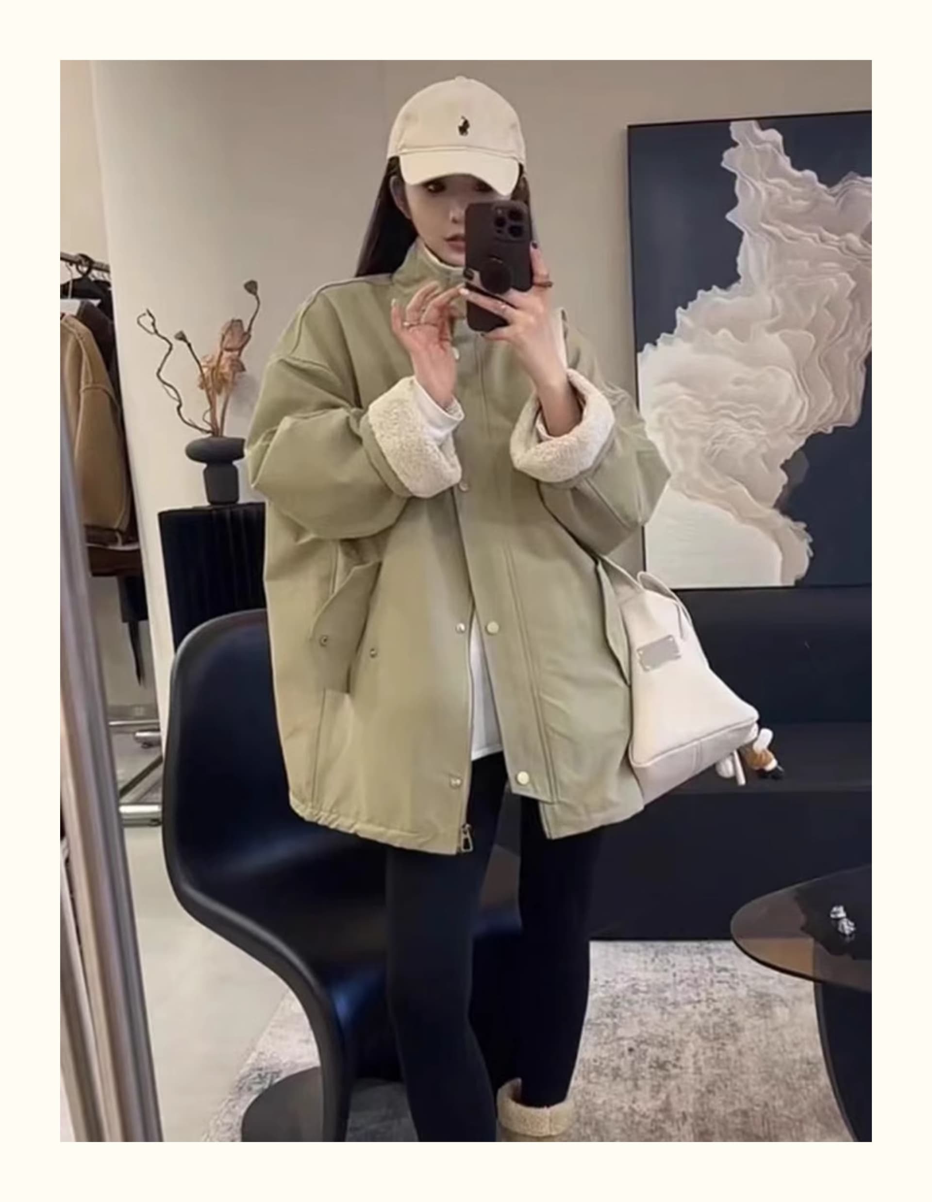 방수 작은 옥스포드 원단 250그램 양털 플리스 네리 한 부서 루즈핏 스탠드 칼라 털이 있는 워크웨어 면 옷 여성 상세 이미지 3