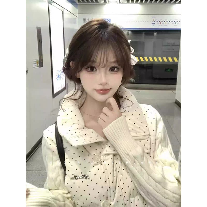 한 부서 달콤함 도트 무늬 니트 패치워크 긴팔 면 의류 여성 코트 겨울 루즈핏 두꺼운 쇼트 스타일 보온 패딩 재킷 이미지 5