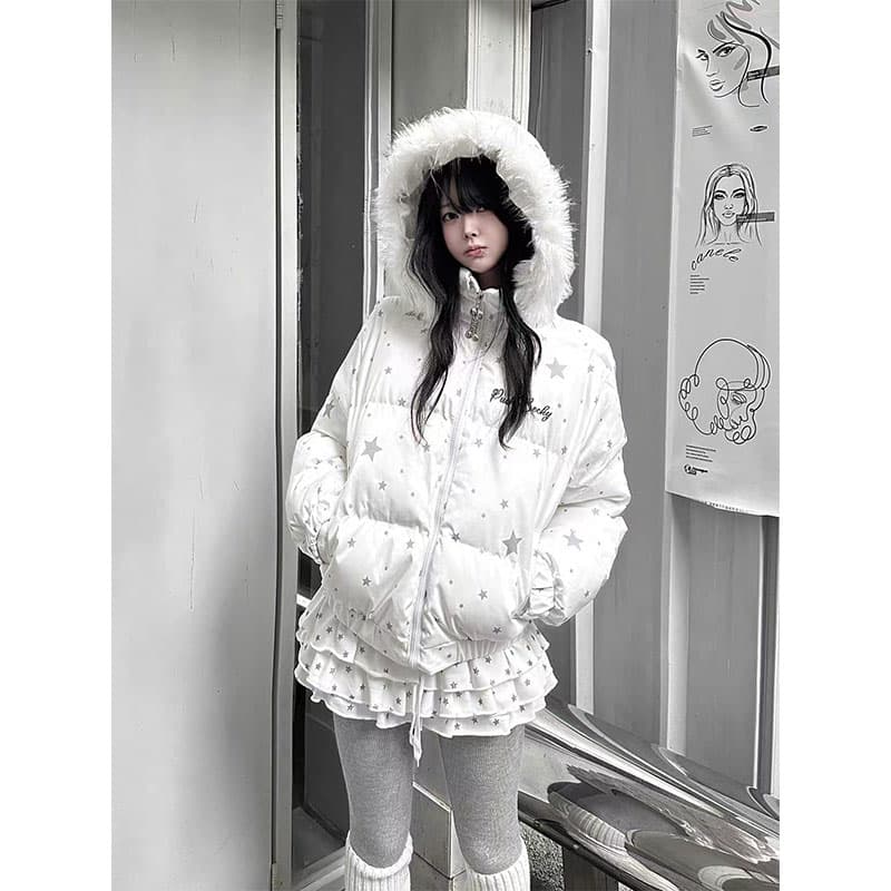 카레 사람들 겨울 귀여운 별 프린트 모피 칼라 후드 면 의류 여성 코트 새로운 두꺼운 보온 맨위 학생