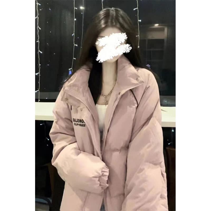 분말 보라색 아래 면화 의류 여성 겨울 2026 새로운 패딩 재킷 학원 스타일 루즈핏 스탠드 칼라 두꺼운 면 옷 재킷