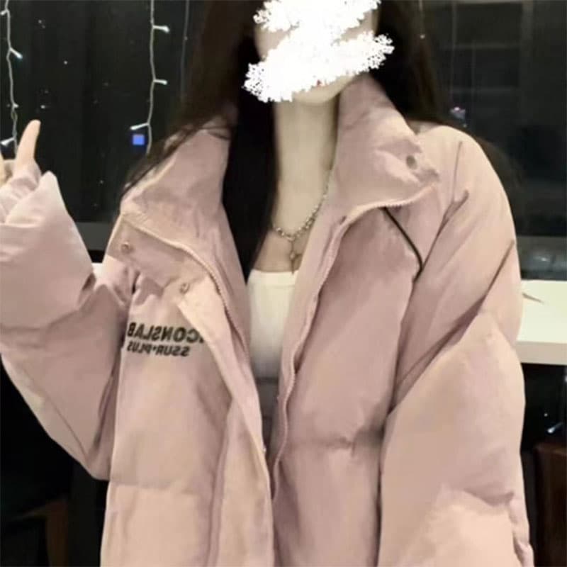 분말 보라색 아래 면화 의류 여성 겨울 2026 새로운 패딩 재킷 학원 스타일 루즈핏 스탠드 칼라 두꺼운 면 옷 재킷 이미지 5