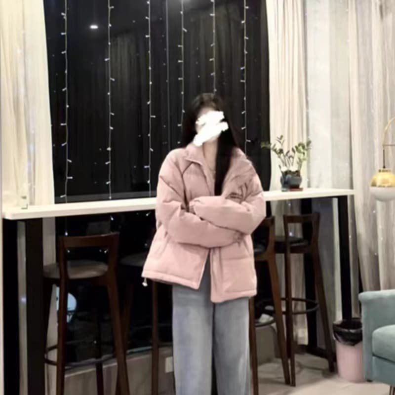 분말 보라색 아래 면화 의류 여성 겨울 2026 새로운 패딩 재킷 학원 스타일 루즈핏 스탠드 칼라 두꺼운 면 옷 재킷 이미지 4