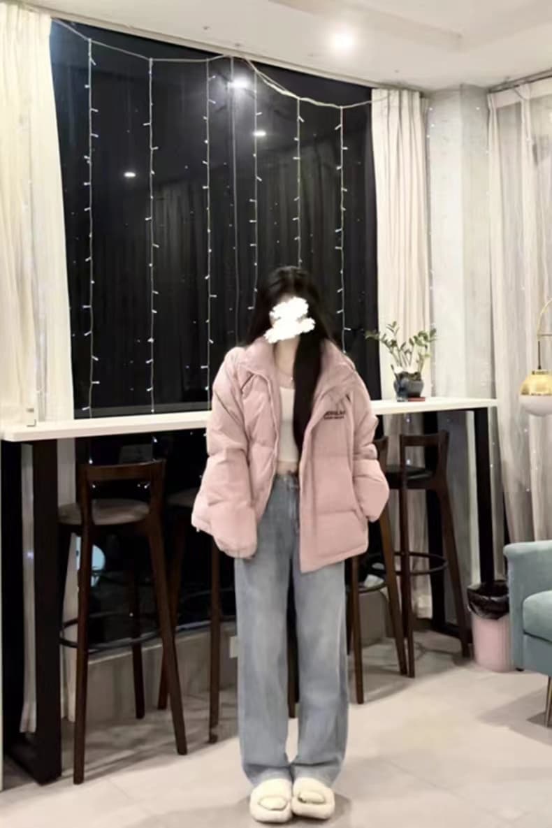 분말 보라색 아래 면화 의류 여성 겨울 2026 새로운 패딩 재킷 학원 스타일 루즈핏 스탠드 칼라 두꺼운 면 옷 재킷 상세 이미지 2