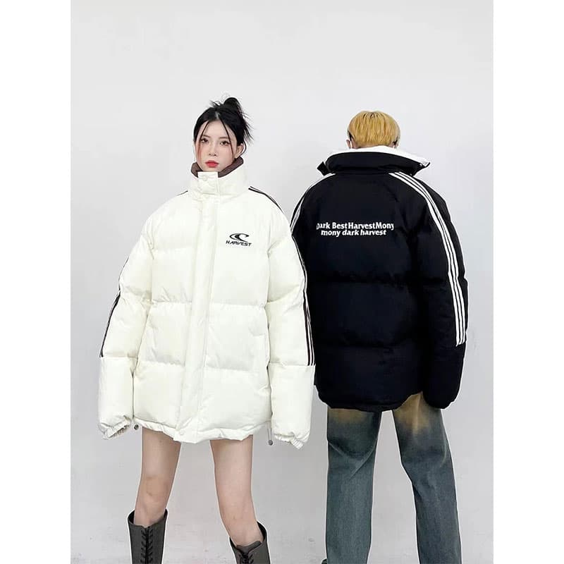 겨울 두꺼운 루즈핏 스탠드 칼라 면 의류 재킷 남녀 국가 트렌디 새로운 아메리칸 스트라이프 패딩 재킷 커플룩 ins