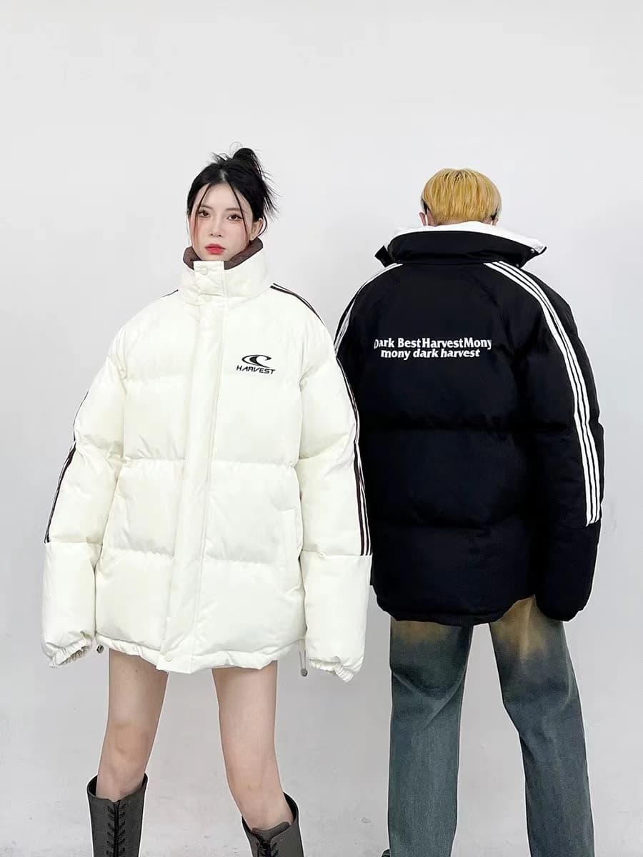 겨울 두꺼운 루즈핏 스탠드 칼라 면 의류 재킷 남녀 국가 트렌디 새로운 아메리칸 스트라이프 패딩 재킷 커플룩 ins 상세 이미지 2