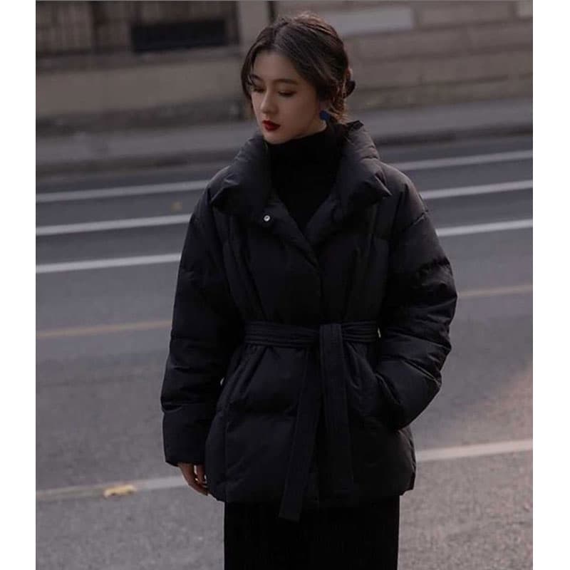 검정색 다운 재킷 작은 키 2026 겨울 새로운 한 허리 수축 패딩 재킷 면 의류 재킷 벨트 보내기 이미지 2