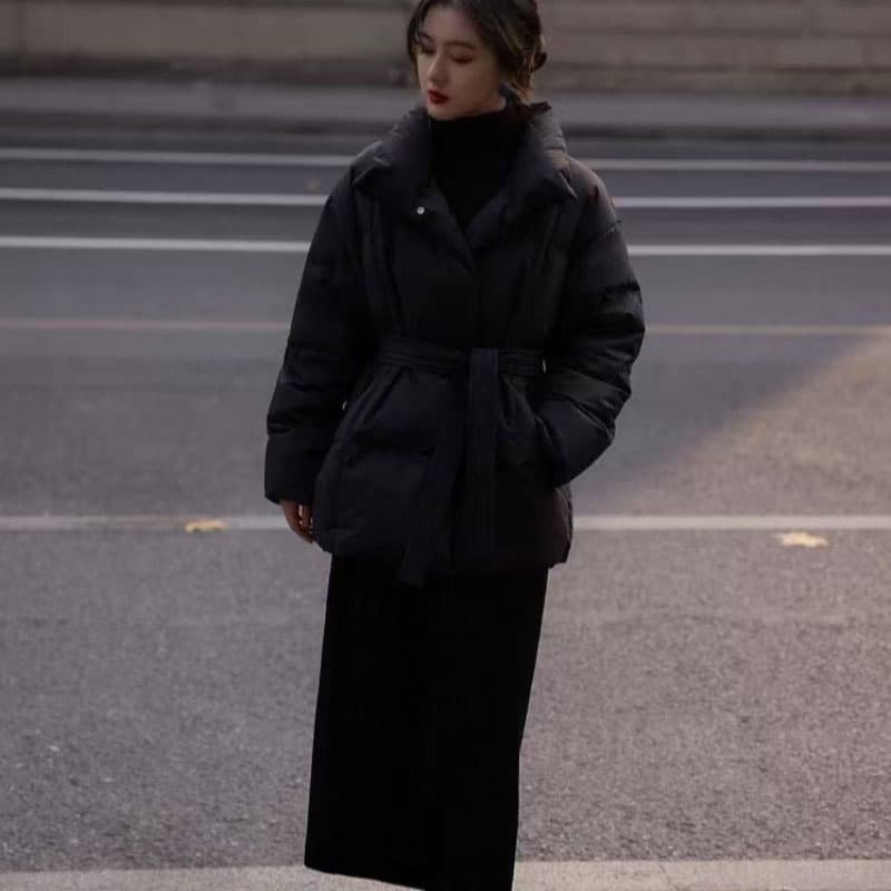 검정색 다운 재킷 작은 키 2026 겨울 새로운 한 허리 수축 패딩 재킷 면 의류 재킷 벨트 보내기 이미지 5