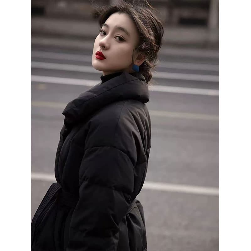 검정색 다운 재킷 작은 키 2026 겨울 새로운 한 허리 수축 패딩 재킷 면 의류 재킷 벨트 보내기 이미지 4