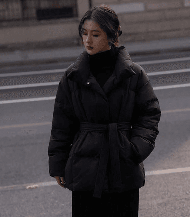 검정색 다운 재킷 작은 키 2026 겨울 새로운 한 허리 수축 패딩 재킷 면 의류 재킷 벨트 보내기 상세 이미지 2