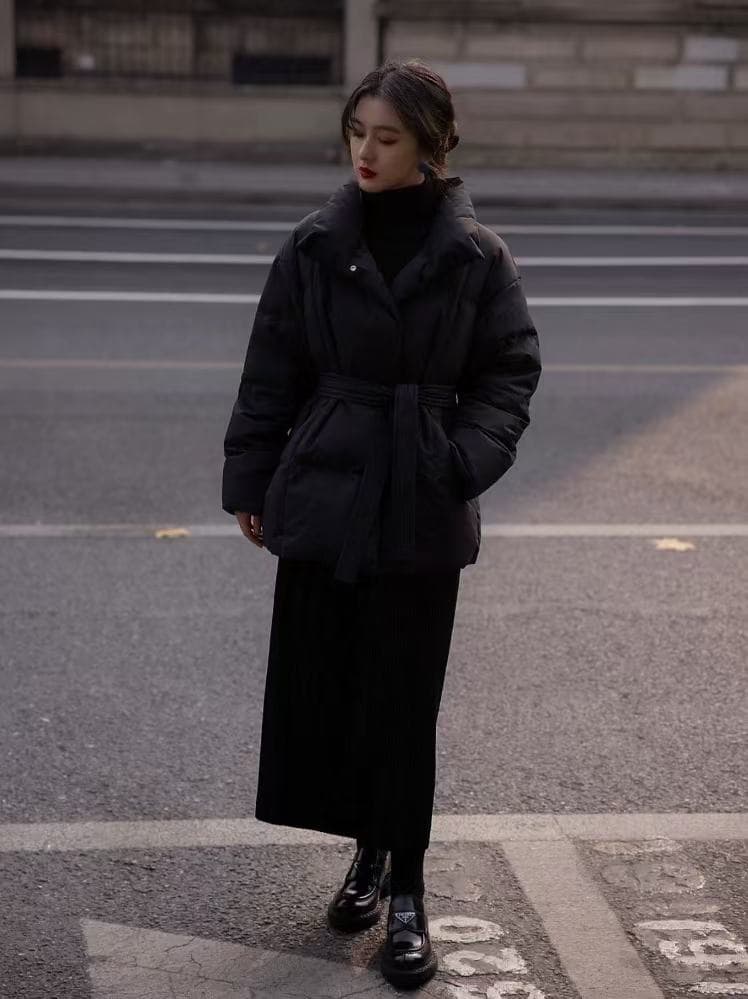 검정색 다운 재킷 작은 키 2026 겨울 새로운 한 허리 수축 패딩 재킷 면 의류 재킷 벨트 보내기 상세 이미지 5