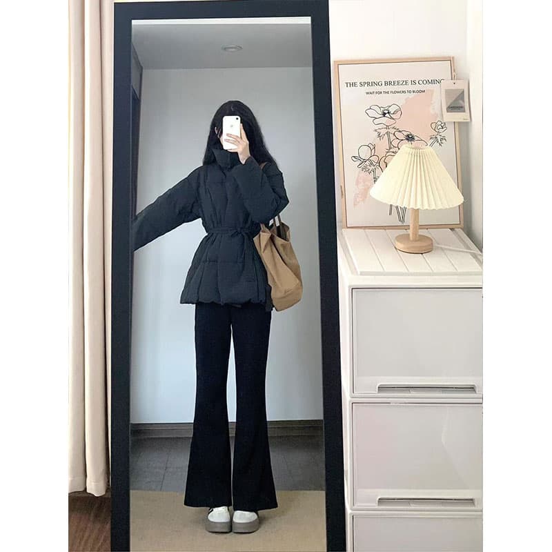 검정색 허리 수축 레이스업 아래 면화 의류 여성 가을 2026 년 새로운 한 부서 착용 가져 가라. 두꺼운 면 옷 목화 진딧물 재킷 이미지 4