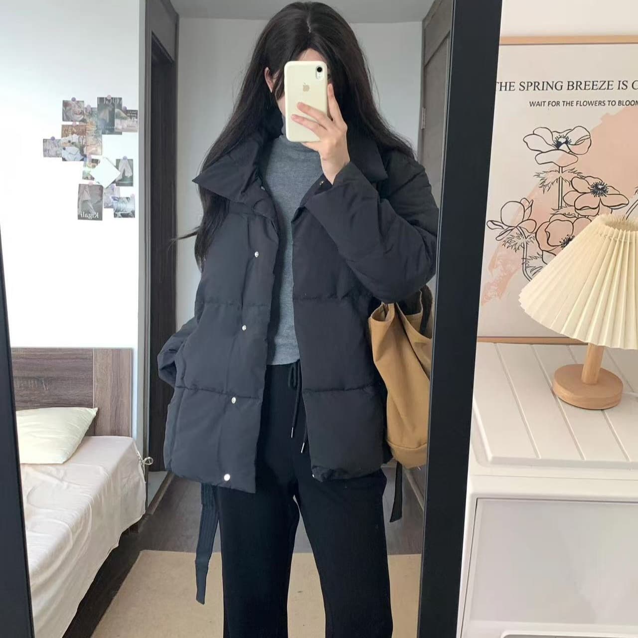 검정색 허리 수축 레이스업 아래 면화 의류 여성 가을 2026 년 새로운 한 부서 착용 가져 가라. 두꺼운 면 옷 목화 진딧물 재킷 이미지 5