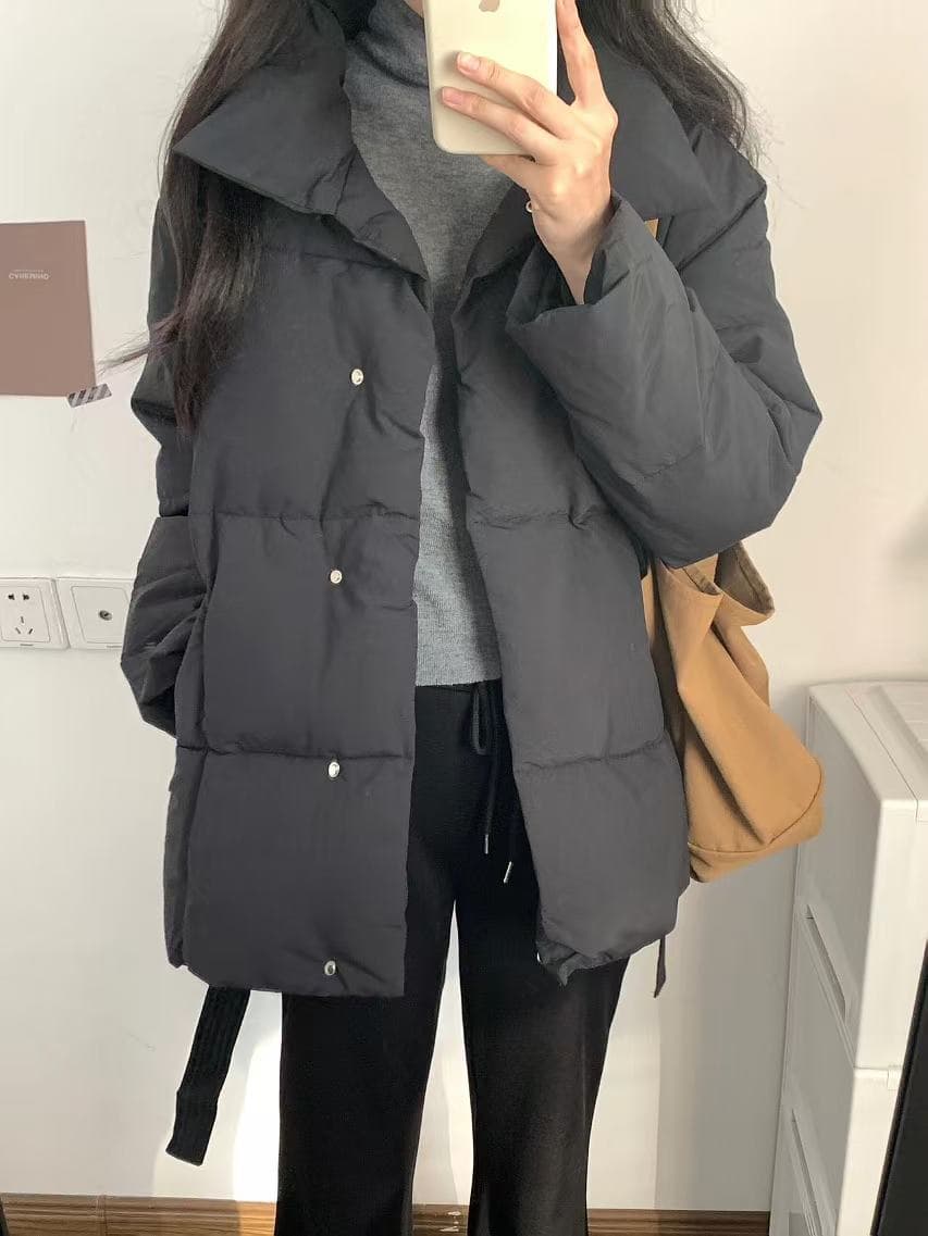검정색 허리 수축 레이스업 아래 면화 의류 여성 가을 2026 년 새로운 한 부서 착용 가져 가라. 두꺼운 면 옷 목화 진딧물 재킷 상세 이미지 2