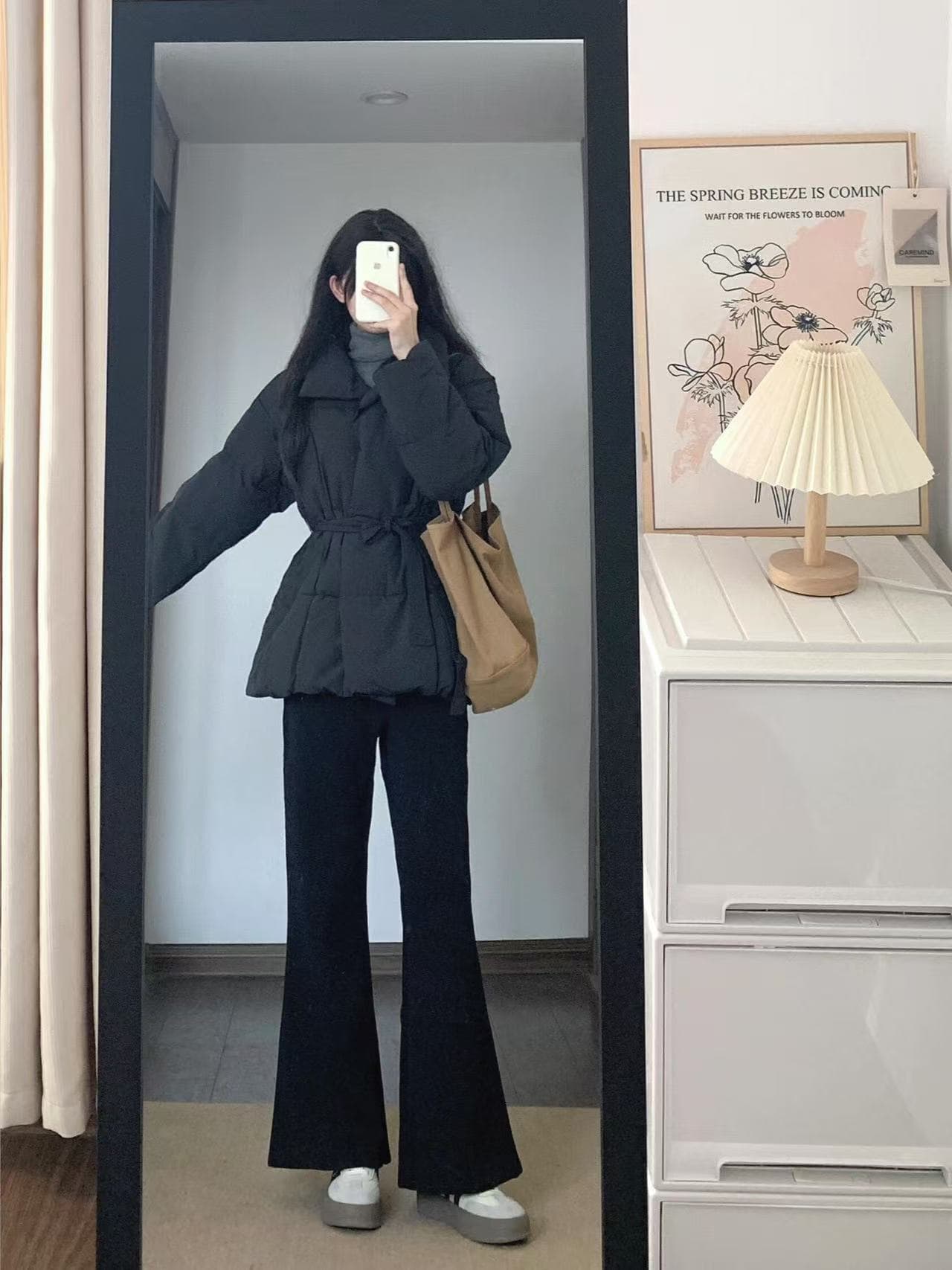 검정색 허리 수축 레이스업 아래 면화 의류 여성 가을 2026 년 새로운 한 부서 착용 가져 가라. 두꺼운 면 옷 목화 진딧물 재킷 상세 이미지 3
