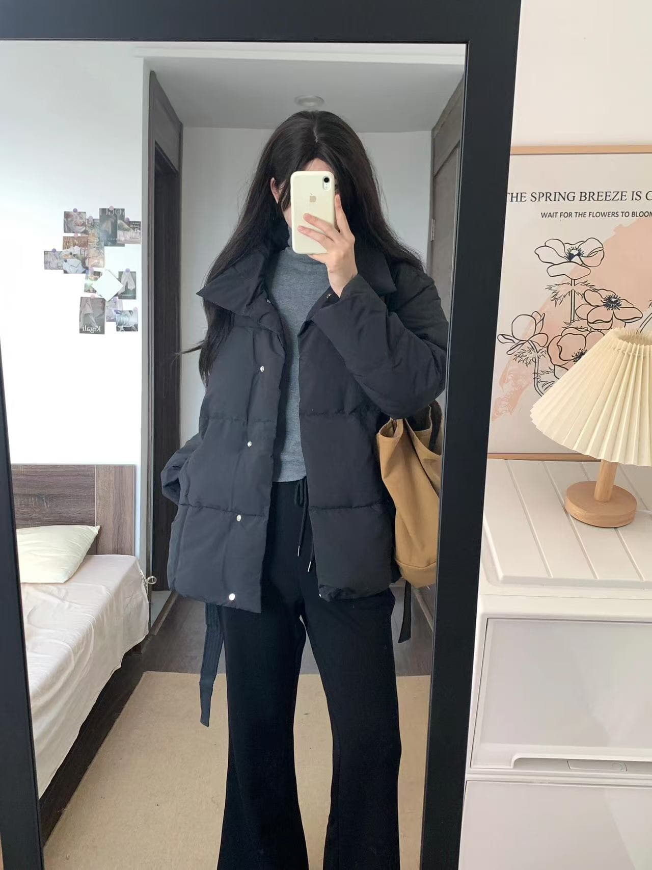 검정색 허리 수축 레이스업 아래 면화 의류 여성 가을 2026 년 새로운 한 부서 착용 가져 가라. 두꺼운 면 옷 목화 진딧물 재킷 상세 이미지 4