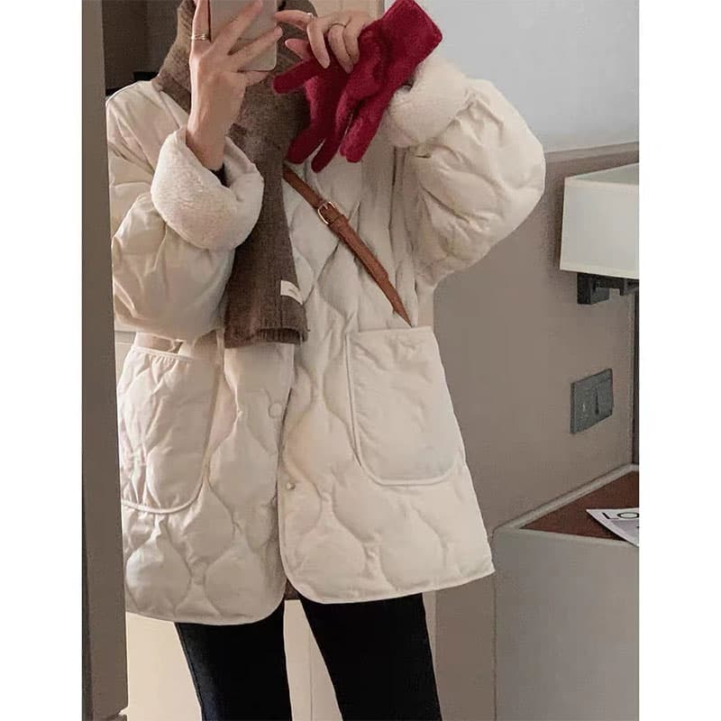 양털 패치워크 다이아몬드 모양 그리드 겨울 루즈핏 작은 샤넬 스타일 링 그리드 보온 면 옷 면 의류 여성 이미지 2