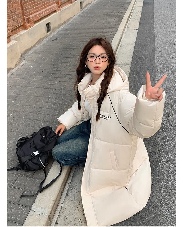 실사 한국 스타일 중간 길이 무릎 아래 두꺼운 루즈핏 패션 항구 바람 다운 재킷 패딩 재킷 ins 면 의류 여성 코트 상세 이미지 14
