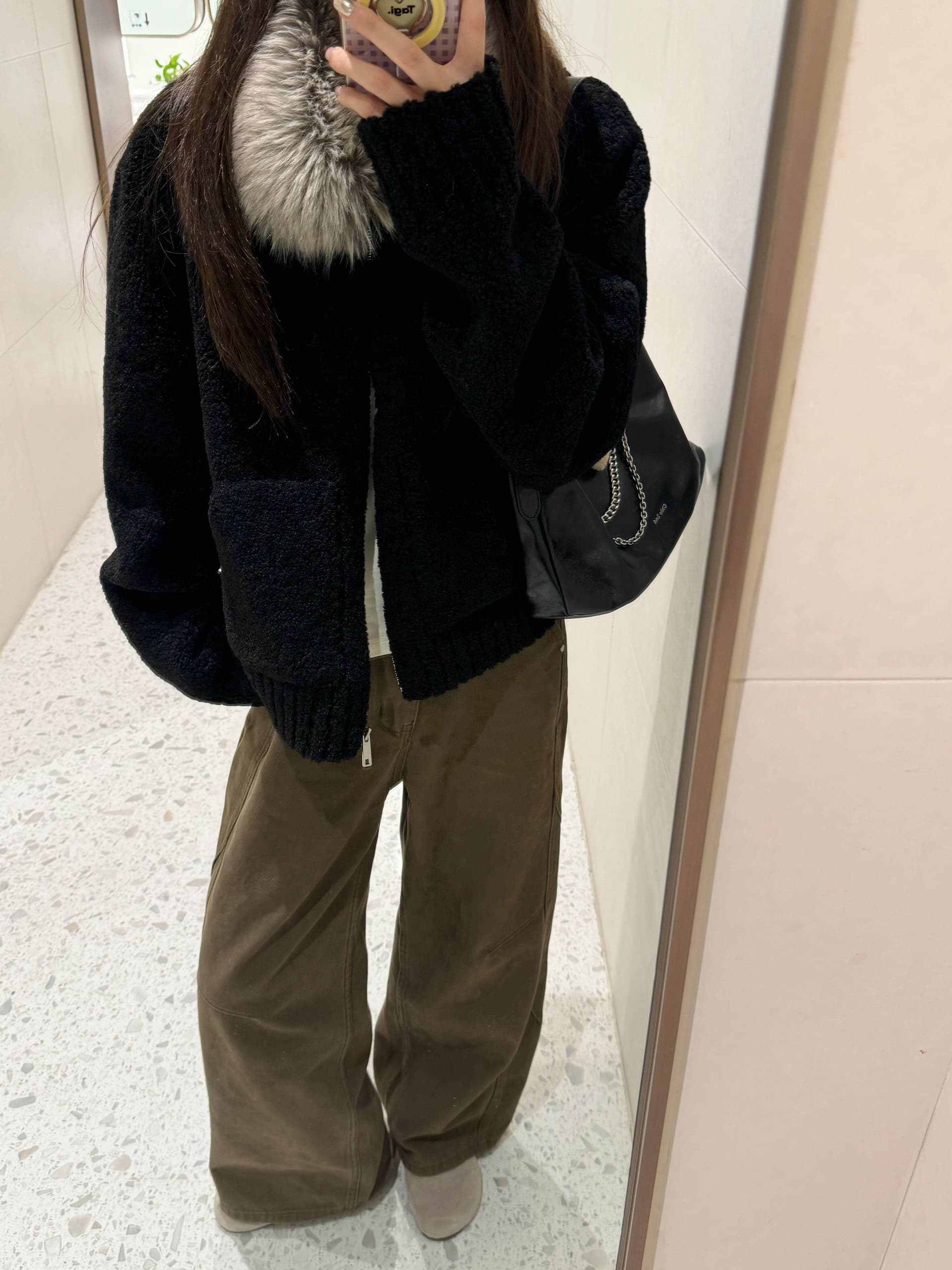 두꺼운 500 그램 양털 플리스 복합 스웨이드 큰 모피 칼라 하나 양털 여성 코트 새로운 두꺼운 검정색 환경 보호 상세 이미지 8