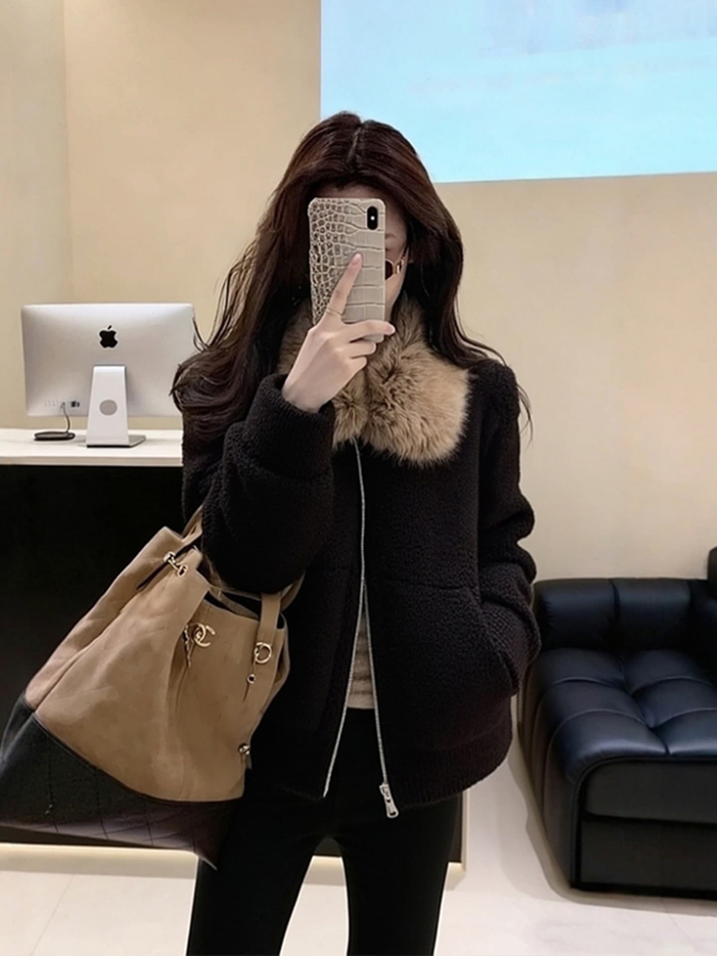 두꺼운 500 그램 양털 플리스 복합 스웨이드 큰 모피 칼라 하나 한 부서 고급 센스 검정색 모피 칼라 지퍼 재킷 상세 이미지 2