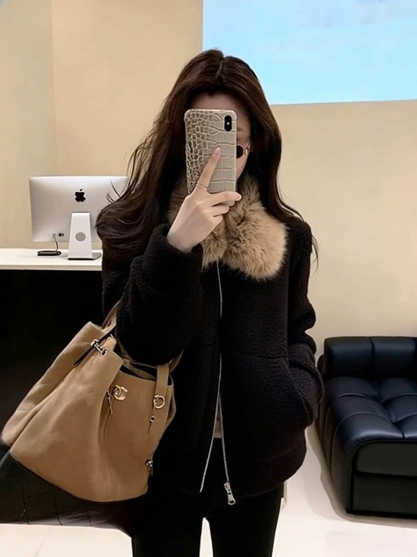 두꺼운 500 그램 양털 플리스 복합 스웨이드 큰 모피 칼라 하나 한 부서 고급 센스 검정색 모피 칼라 지퍼 재킷 상세 이미지 5