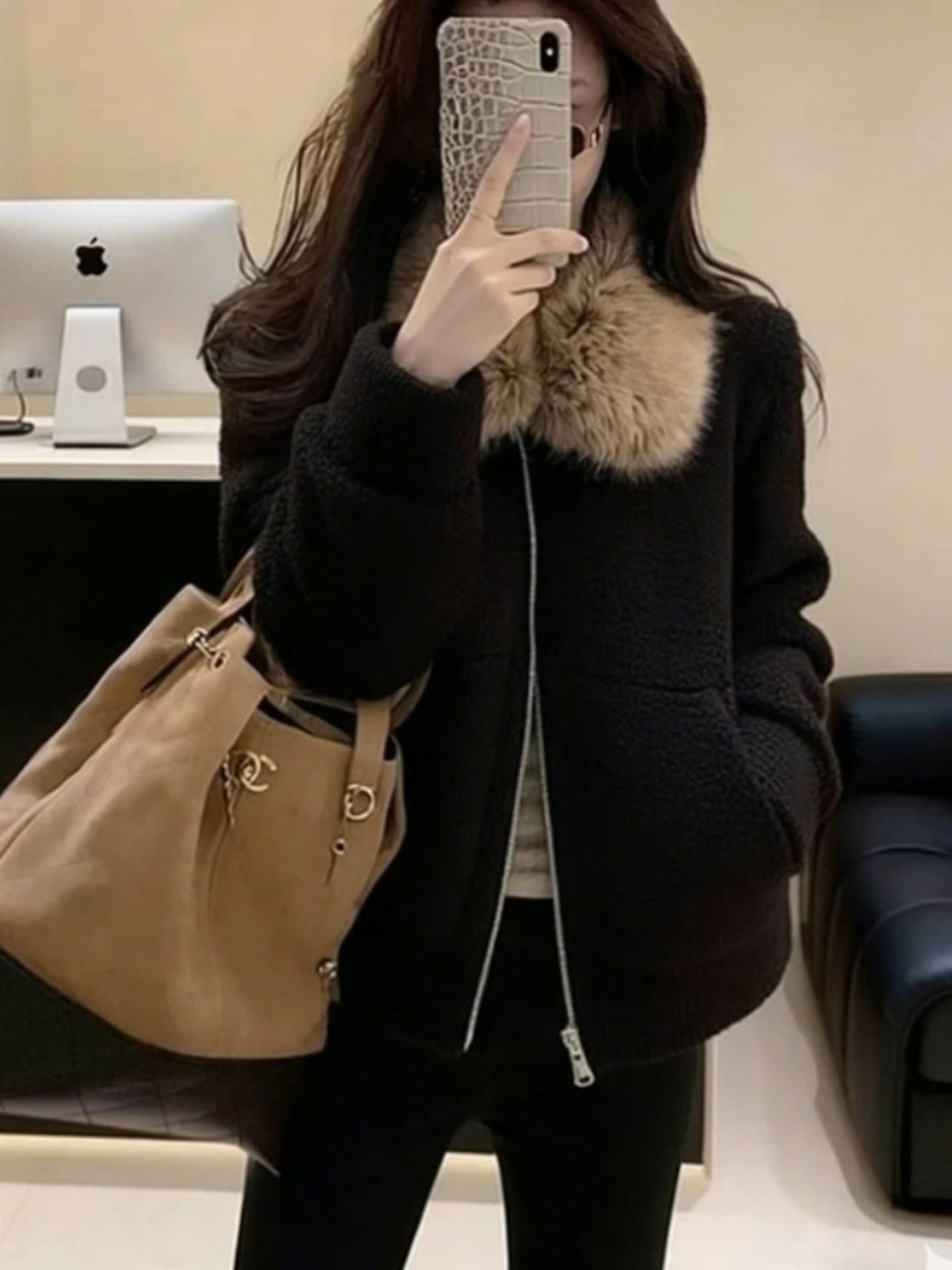 두꺼운 500 그램 양털 플리스 복합 스웨이드 큰 모피 칼라 하나 한 부서 고급 센스 검정색 모피 칼라 지퍼 재킷 상세 이미지 6