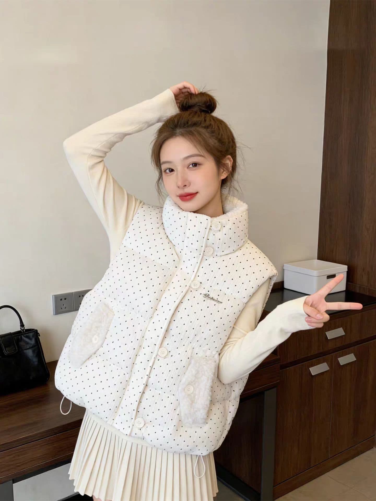 가을 겨울철 한국 스타일 다용도 달콤함 도트 무늬 면 의류 베스트 작은 키 일본식 보온 패션 민소매 어깨 상세 이미지 17