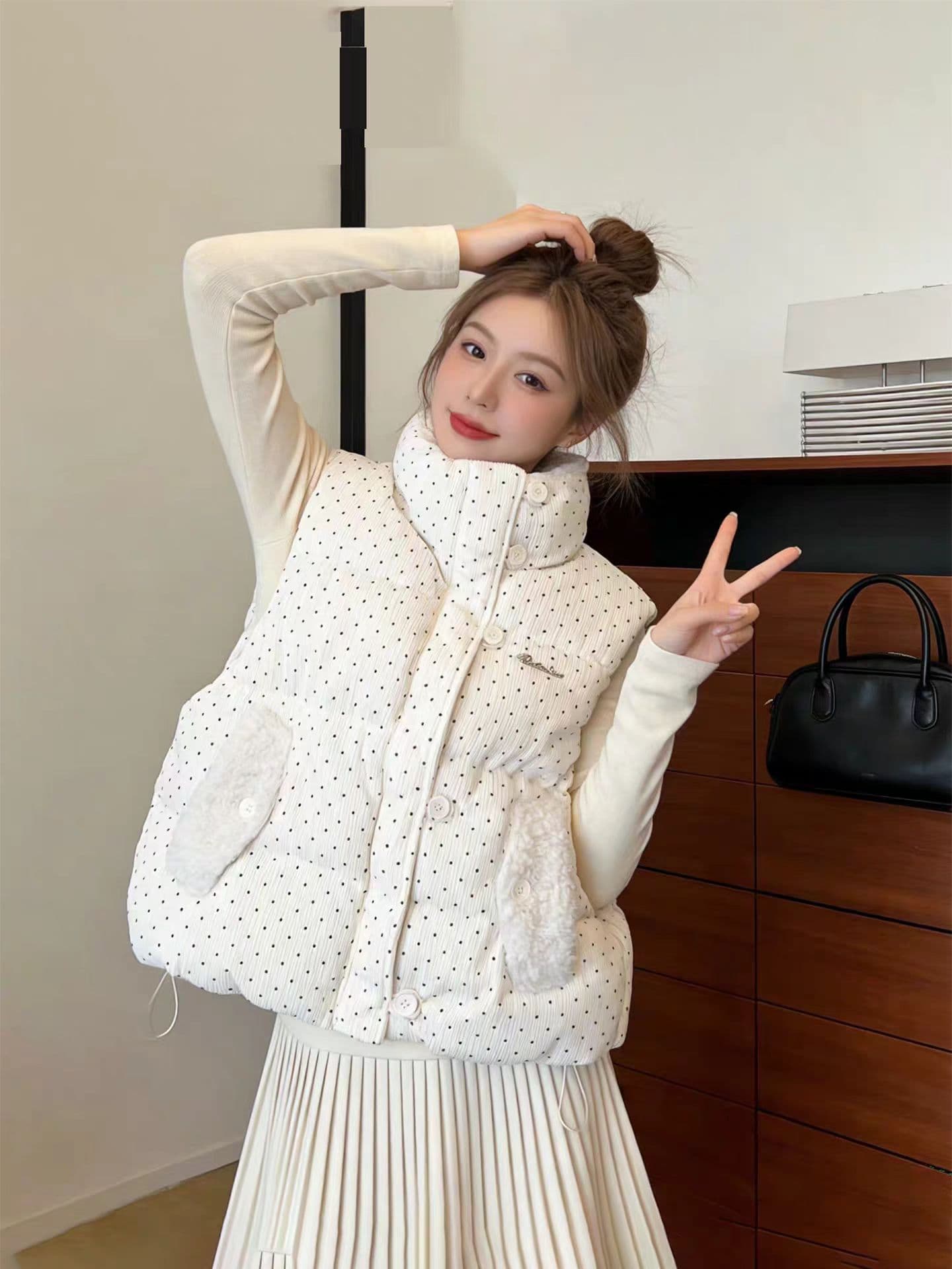 가을 겨울철 한국 스타일 다용도 달콤함 도트 무늬 면 의류 베스트 작은 키 일본식 보온 패션 민소매 어깨 상세 이미지 19