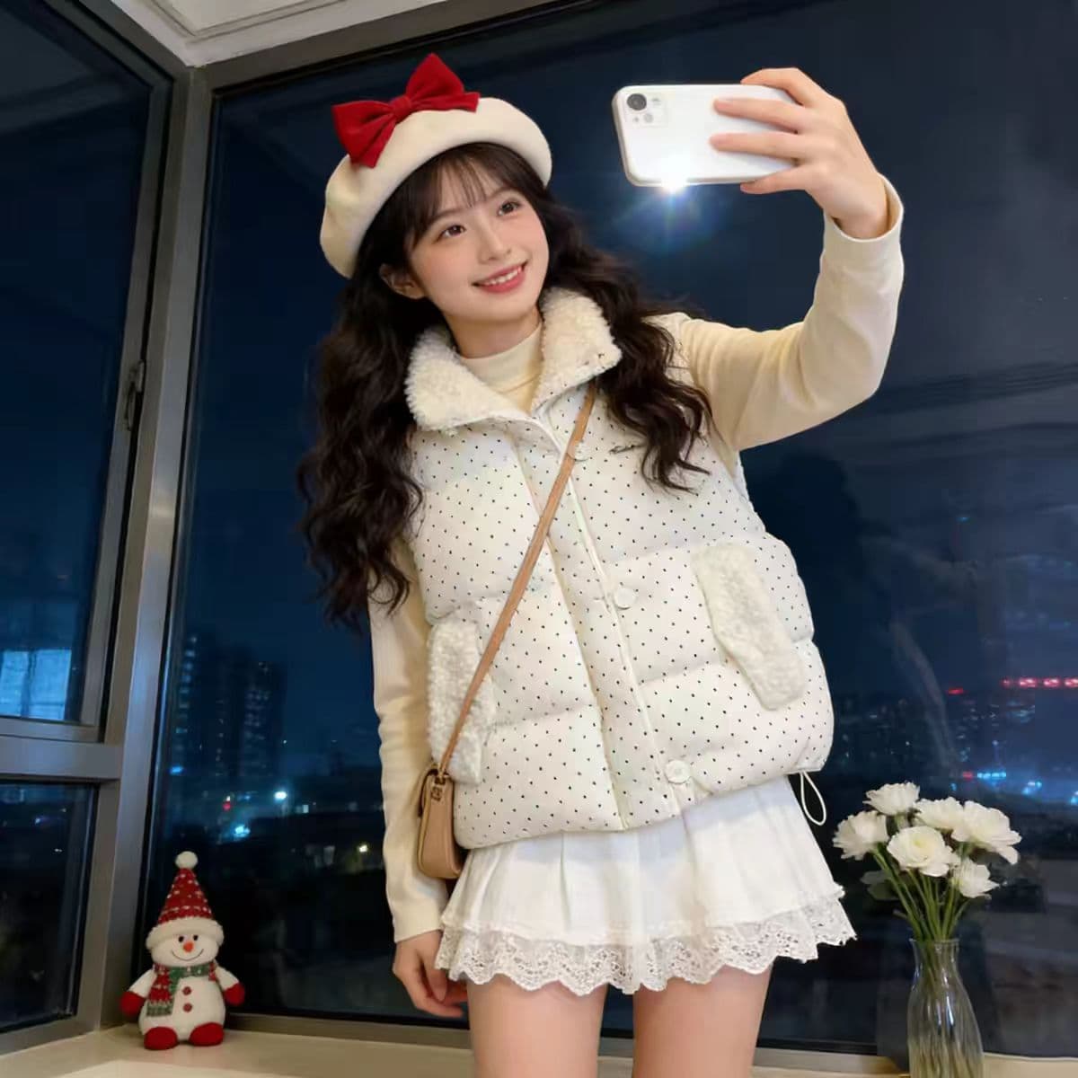 가을 겨울철 한국 스타일 다용도 달콤함 도트 무늬 면 의류 베스트 작은 키 일본식 보온 패션 민소매 어깨 상세 이미지 24
