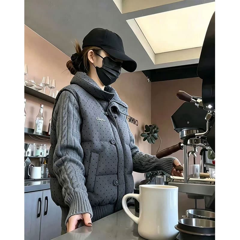한 부서 달콤함 도트 무늬 니트 패치워크 긴팔 면 의류 여성 코트 겨울 루즈핏 두꺼운 쇼트 스타일 보온 패딩 재킷 이미지 2