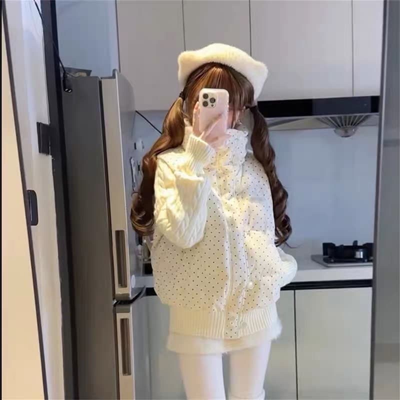 한 부서 달콤함 도트 무늬 니트 패치워크 긴팔 면 의류 여성 코트 겨울 루즈핏 두꺼운 쇼트 스타일 보온 패딩 재킷 상세 이미지 7