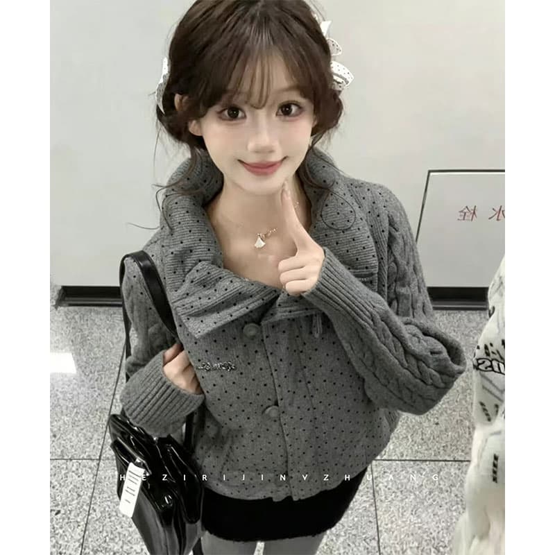 한 부서 달콤함 도트 무늬 니트 패치워크 긴팔 면 의류 여성 코트 겨울 루즈핏 두꺼운 쇼트 스타일 보온 패딩 재킷 이미지 4