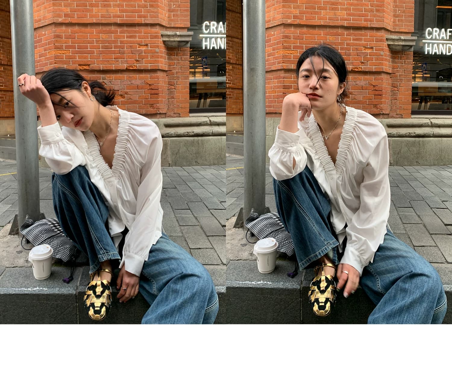 두꺼운 모래 워시 사선 무늬 원단 한 부서 분위기 센스 프릴 v 칼라 슬림해 보이는 거품 소매 싱글 줄 버튼 여성 셔츠 상세 이미지 11