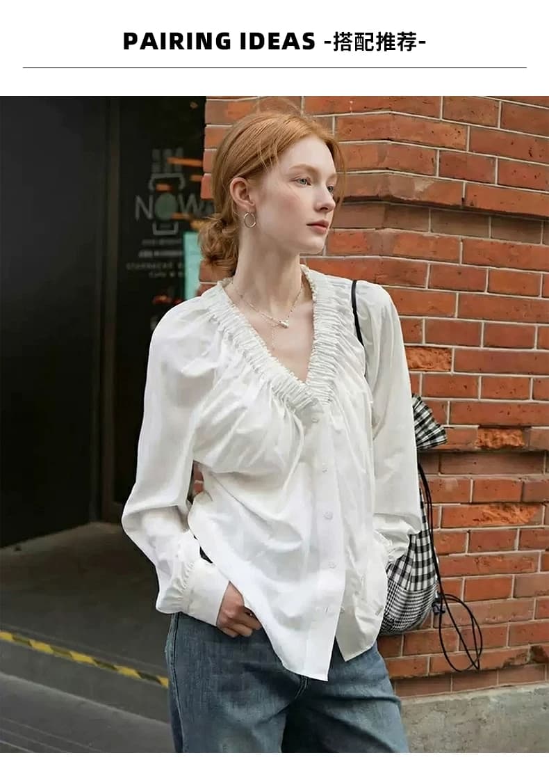 두꺼운 모래 워시 사선 무늬 원단 작은 대중 디자인 주름 v 칼라 프릴 거품 소매 긴팔 여성 셔츠 가을 상세 이미지 2