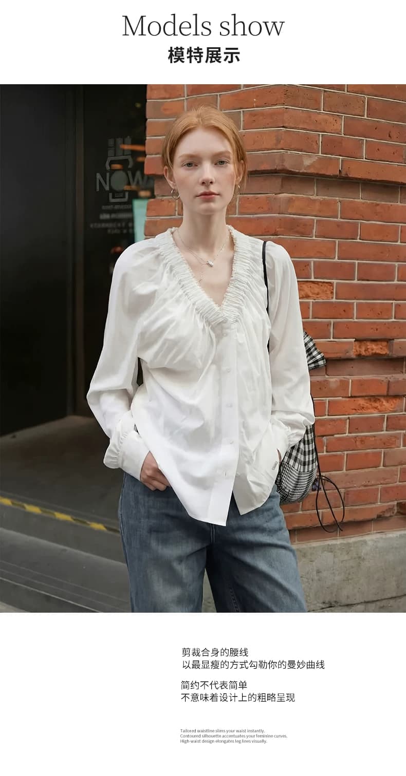 두꺼운 모래 워시 사선 무늬 원단 작은 대중 디자인 주름 v 칼라 프릴 거품 소매 긴팔 여성 셔츠 가을 상세 이미지 3