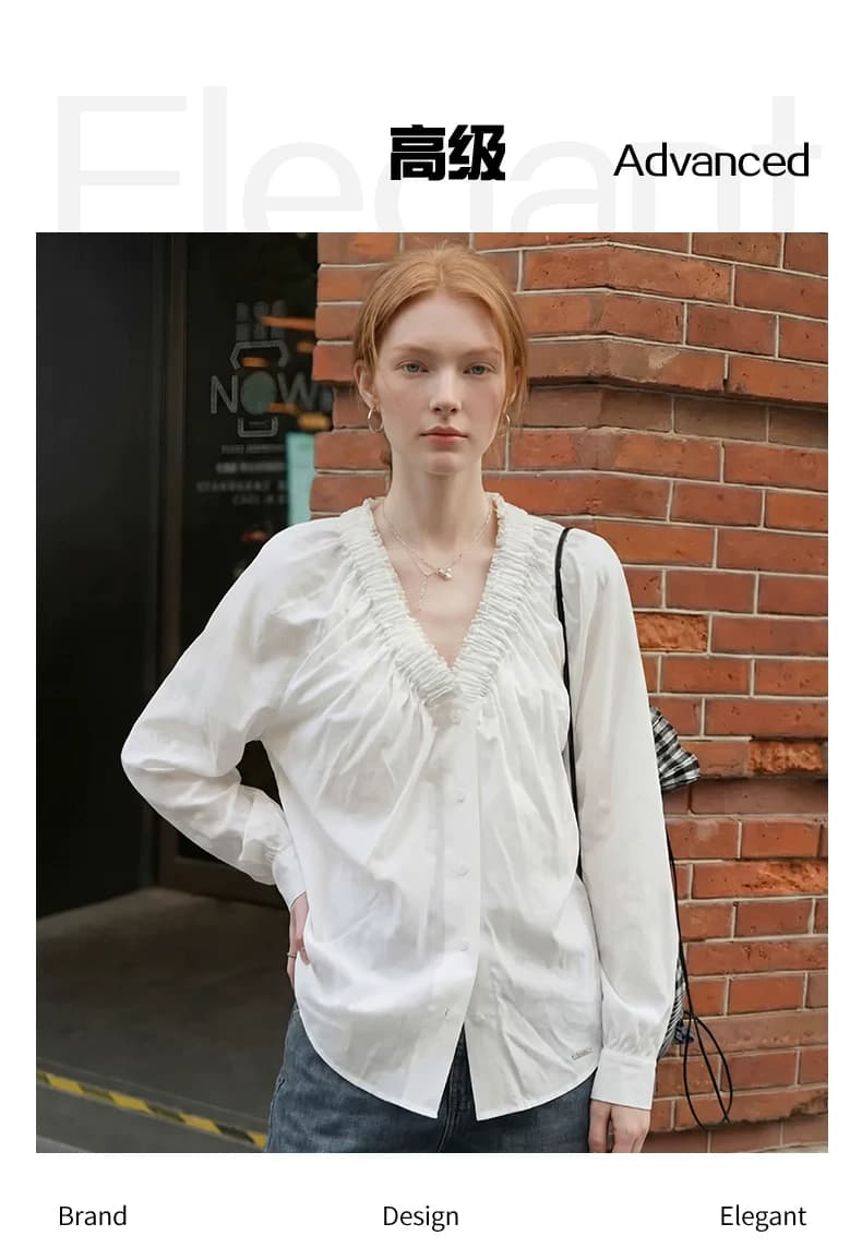 두꺼운 모래 워시 사선 무늬 원단 작은 대중 디자인 주름 v 칼라 프릴 거품 소매 긴팔 여성 셔츠 가을 상세 이미지 4