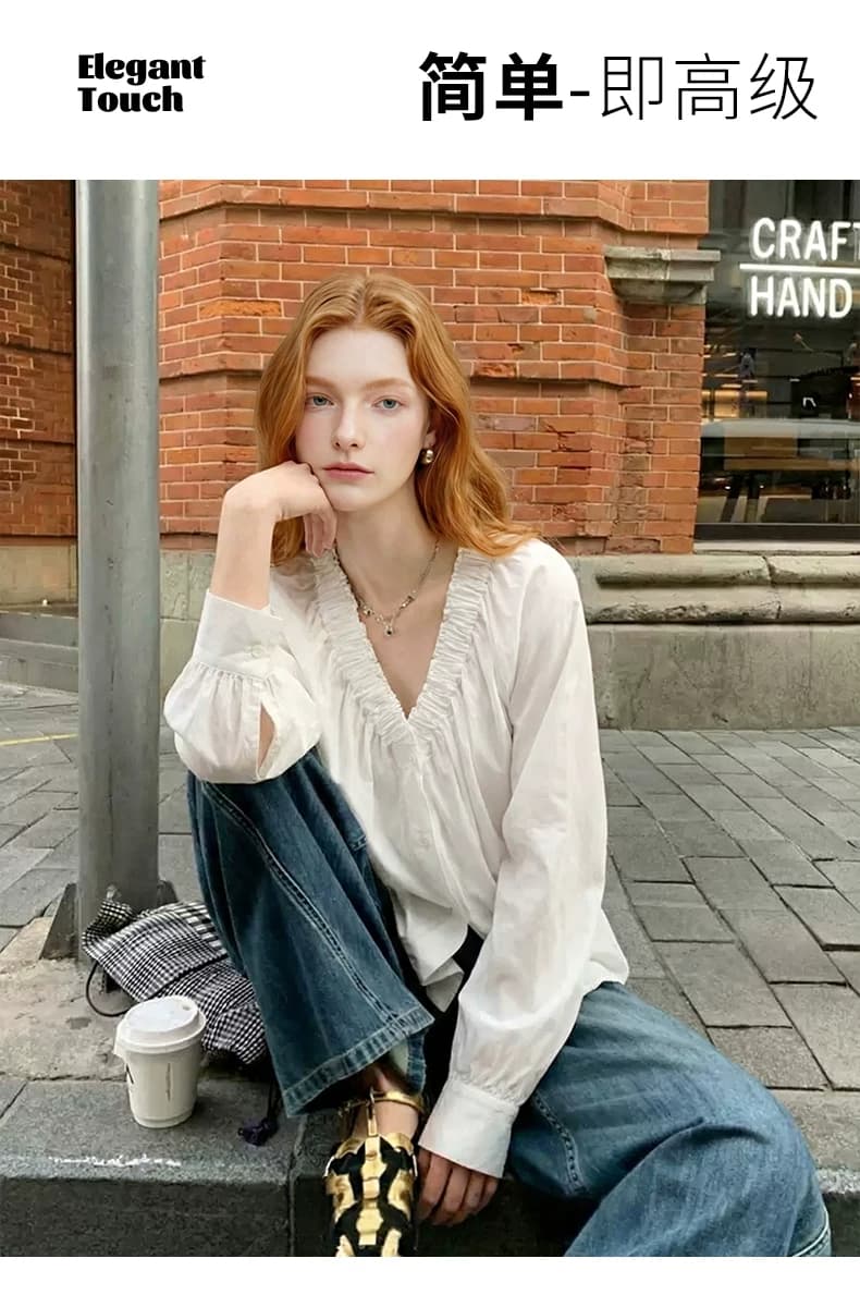 두꺼운 모래 워시 사선 무늬 원단 작은 대중 디자인 주름 v 칼라 프릴 거품 소매 긴팔 여성 셔츠 가을 상세 이미지 6