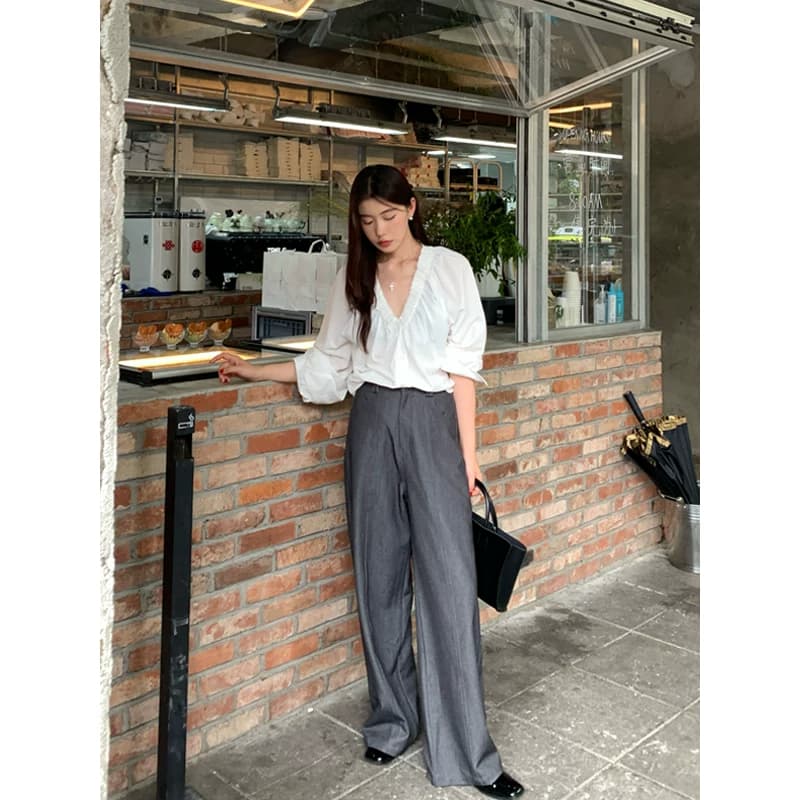 두꺼운 모래 워시 사선 무늬 원단 빛 요리 한 바람 주름 v 칼라 프릴 거품 소매 다용도 여성 흰 셔츠 이미지 3