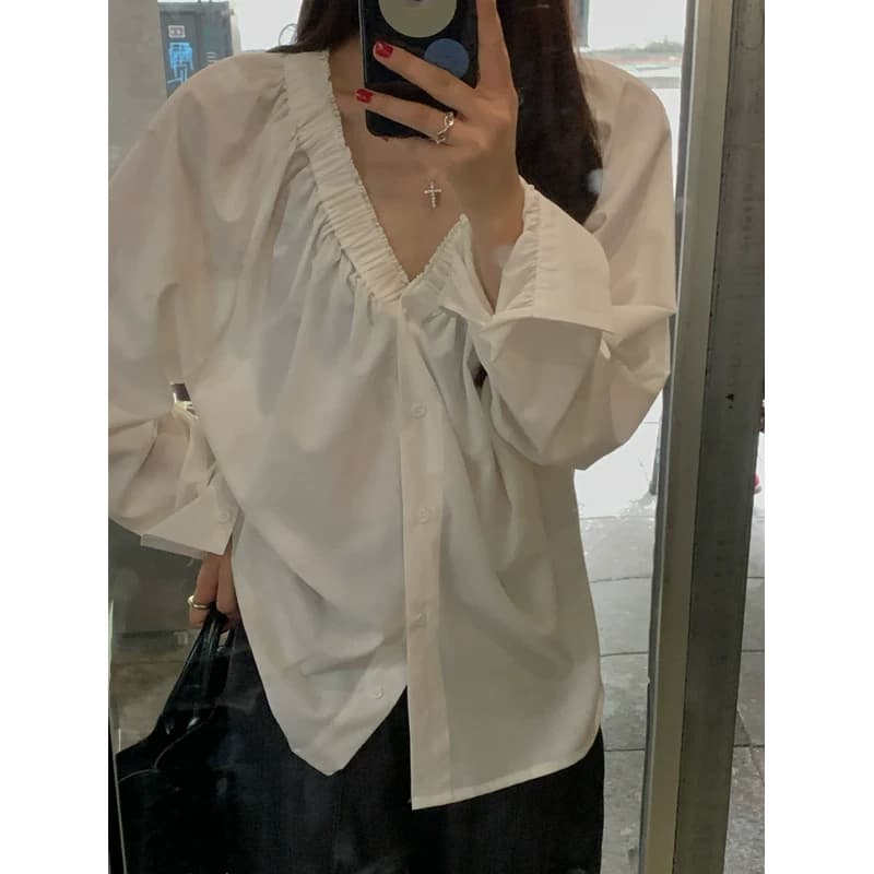 두꺼운 모래 워시 사선 무늬 원단 빛 요리 한 바람 주름 v 칼라 프릴 거품 소매 다용도 여성 흰 셔츠 이미지 5